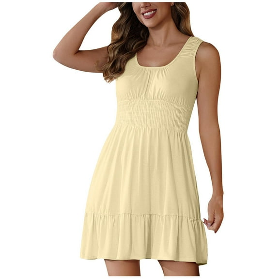 Efsteb Womens Summer Dresses Sleeveless Crew Neck Tank Dress Solid Color Casual Elastic Waist Mini Sundress (Yellow,S)
