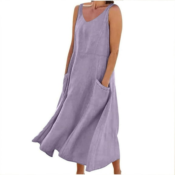 Efsteb Womens Summer Dresses V-Neck Cotton Linen Loose Dress With Pockets Sleeveless Classic Solid Color Loose Fashion Comfy Casual Sundresses Summer Dresses (Purple,XXL)