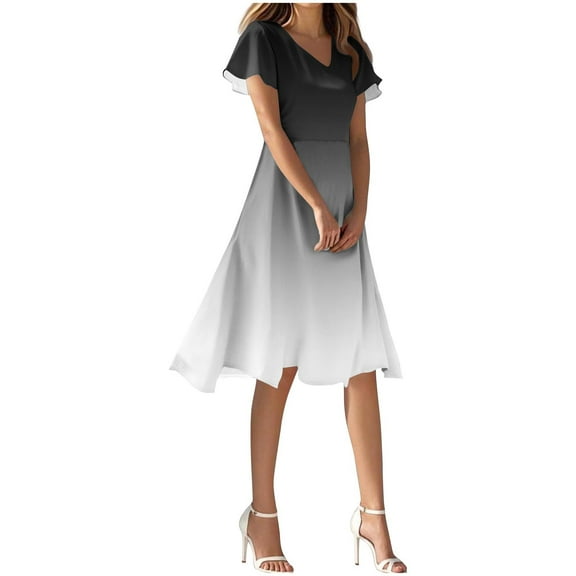 Efsteb Womens Summer Dresses V Neck Puff Short Sleeve Midi Dress Casual Lightweight Versatile Sun Dresses (Black,L)