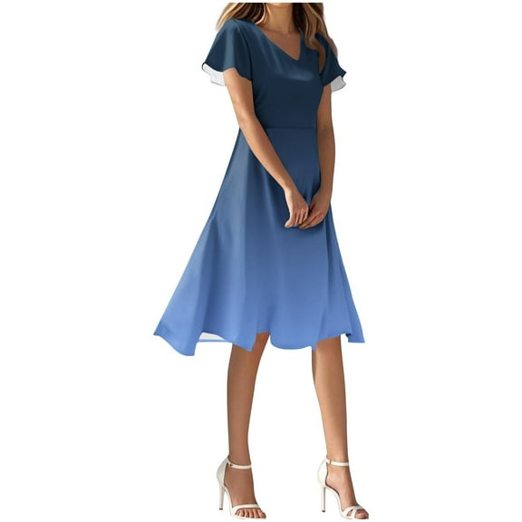 Efsteb Womens Summer Dresses V Neck Puff Short Sleeve Midi Dress Casual Lightweight Versatile Sun Dresses (Blue,L)