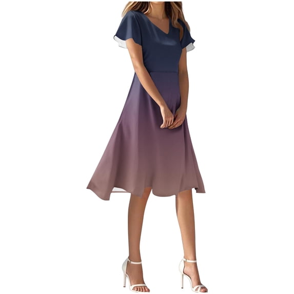 Efsteb Womens Summer Dresses V Neck Puff Short Sleeve Midi Dress Casual Lightweight Versatile Sun Dresses (Pink,L)