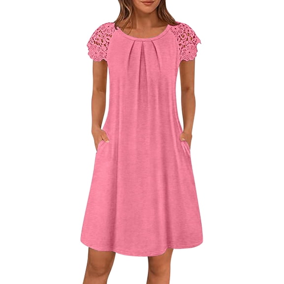 Efsteb Womens Summer Midi Dresses Lace Patchwork Short Sleeve Pleated Dress Solid Color Casual Loose Midi Dresses with Pockets (Pink,S)