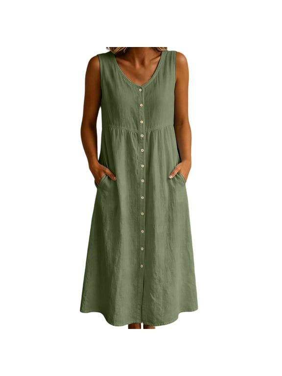 Womens Summer Midi Dresses Sleeveless V-Neck Button Front Maxi Dress Casual Loose Cotton Linen Tiered Sundress with Pockets Vacation (Green,S)