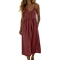 thumbnail image 1 of Efsteb Womens Summer Midi Dresses Spaghetti Strap V Neck Button Down Casual Dress Cotton Blend Sundress with Pockets (Red,M), 1 of 6
