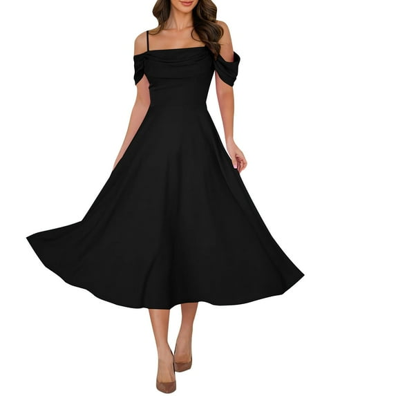 Efsteb Womens Summer Sundresses Formal Dresses for Women Wedding Guest Cold Shoulder Cowl Neck Flowy Cocktail Evening Maxi Dress (Black,M)