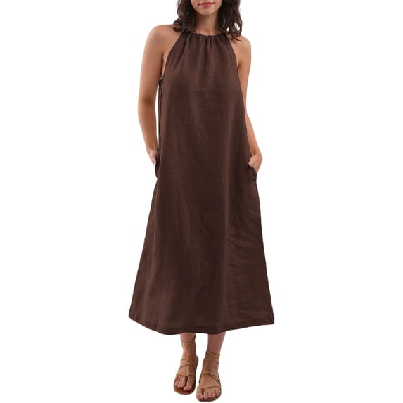Efsteb Womens Summer Sundresses Linen Sleeveless Maxi Dress Tie Back Loose Long Dress with Pockets (Brown,M)