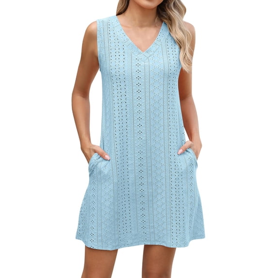 Efsteb Womens Summer Sundresses Loose Eyelet V Neck Tank Dress Cute Sleeveless Beach Mini Dress with Pockets (Light Blue,XXL)