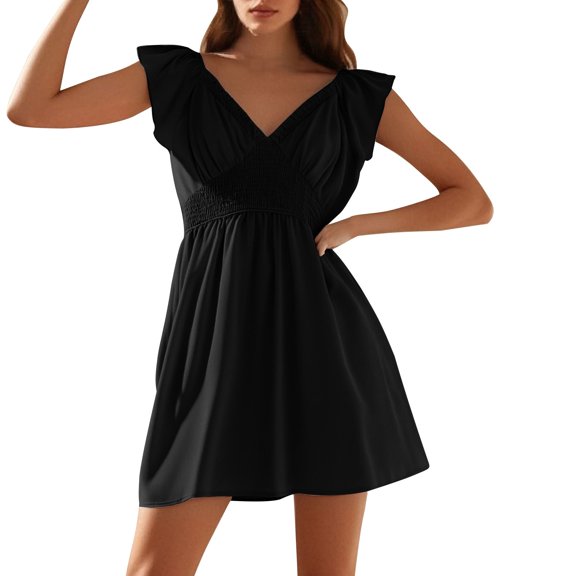 Efsteb Womens Summer Sundresses Ruffle Short Sleeve Casual Beach Vacation Sundress V Neck Pleated Dresses (Black,L)