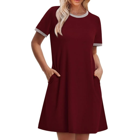 Efsteb Womens Summer Sundresses Short Sleeve Casual T Shirt Dress Crewneck Sundresses Beach Vacation Pockets (Wine,XXL)