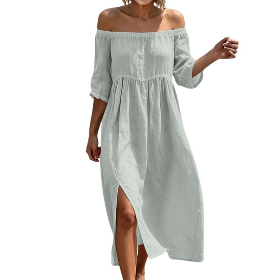Efsteb Womens Sundress Off-Shoulder 3/4 Sleeve Pleated Casual Empire Waist Dress with Side Slit Lightweight Flowy Summer Vacation Dress (Gray,S)