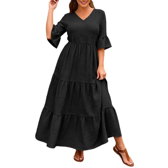 Efsteb Womens Sundresses maxi Dresses V Neck 3/4 Flounce Sleeve Casual A-Line Dress Solid Color Tiered Maxi Dress for Summer and Vacation (Black,XXXXL)