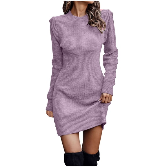 Efsteb Womens Sweater Dress Slim Fitted Bodycon Ribbed Knit Sweater Long Sleeve Crewneck Elegant Cocktail Party Dress (Purple,XXXXL)
