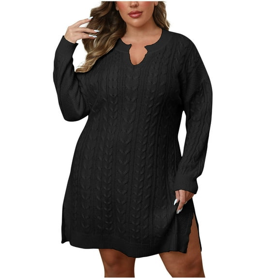 Efsteb Womens Sweater Dresses Fall Casual Plus Size V Neck Midi Sweater Dress Side Slit Long Sleeve Pullover Sweaters Dresses (Black,L)