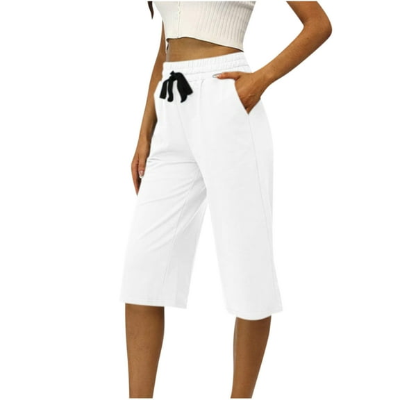 Efsteb Womens Sweatpants Solid Color Drawstring Shorts Elastic Waist Wide Leg Capris Pants with Pocket (White,M)
