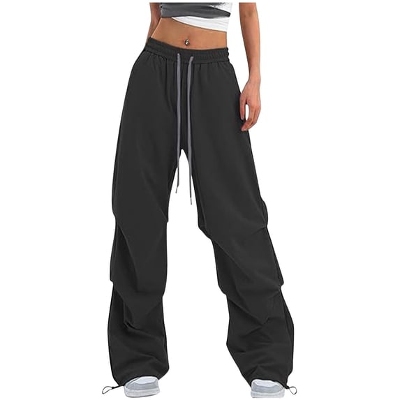 Efsteb Womens Sweatpants Wide Leg Pants Elastic Waisted Drawstring Cargo Pants Baggy Hiking Sweat Pants with Pockets Y2K Trousers (Black,L)