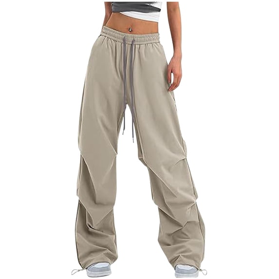 Efsteb Womens Sweatpants Wide Leg Pants Elastic Waisted Drawstring Cargo Pants Baggy Hiking Sweat Pants with Pockets Y2K Trousers (Khaki,L)
