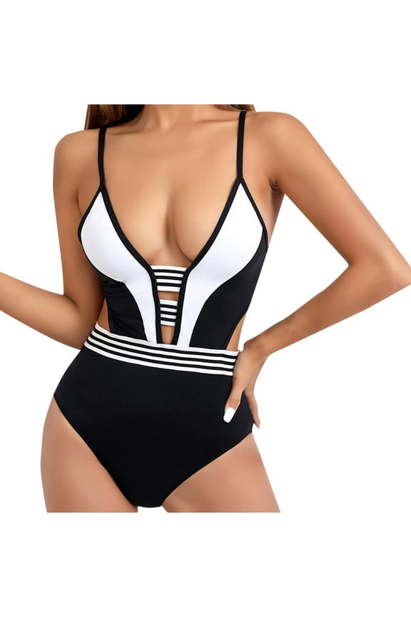 Womens Swimsuits Fashion V Neck Backless Strap Bikini Bathing Suit Hollow Color Block Swimwear (White,S)