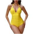 thumbnail image 1 of Efsteb Womens Swimsuits Halter V Neck Backless Ruched Bathing Suit Fashion Solid Color Slim Summer Swimwear (Yellow,XL), 1 of 5