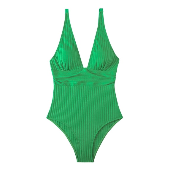 Efsteb Womens Swimsuits High Waist V Neck Backless Strap Bathing Suit Slim Solid Color Sleeveless Ladies Swimwear (Green,XL)