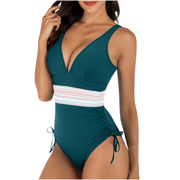 Efsteb Womens Swimsuits One Pieces Crinkle Side Tie Bathing Suit Bikini Contrast Colour Patchwork Beachwear Swimwear Vintage (Blue,S)