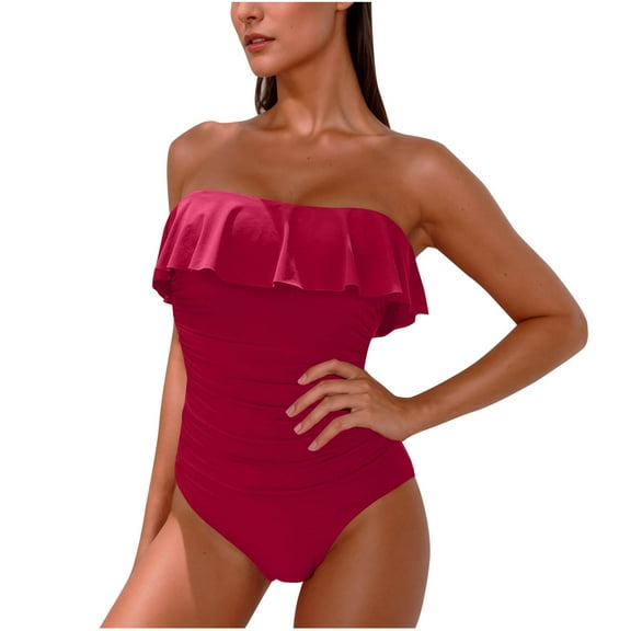 Efsteb Womens Swimsuits Slimming Ruffle Ruched Front Bathing Suit Solid Color Swimsuits Swimwear (Wine,S)
