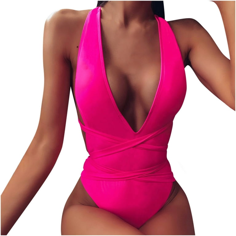 Efsteb Womens Swimsuits Tummy Control Monokini Clearance Tummy Control One  Piece Swimsuit Slim V Neck Bathing Suits Swimwear Beachwear Solid Color Hot  Pink L 