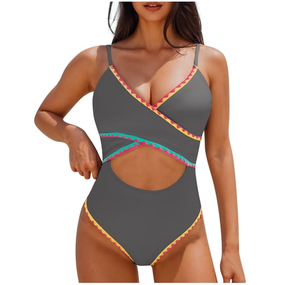 Efsteb Womens Swimsuits Two Piece Bathing Suit for Women Color Block Cut Out V Neck Swimsuit Slim Stretchy Slim Fit Spaghetti Strap Swimwear (Gray,S)