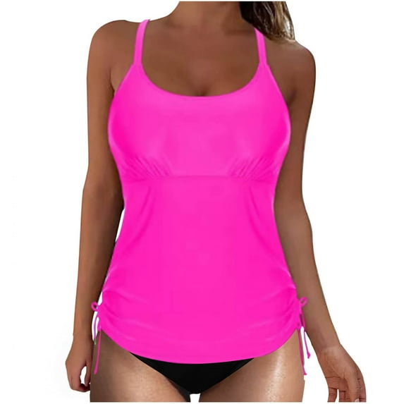 Efsteb Womens Swimsuits Two Piece Bikini Tank Tops for Women Two Piece Swimsuits Solid Color Push-Up Padded Swimwear Bathing Suit Blouse Sets (Hot Pink,L)