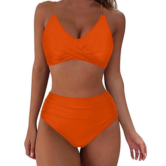 Efsteb Womens Swimsuits Two Piece Women's High Waisted Bikini Sets Push Up Twist Front Spaghetti Straps Ruched Two Piece Swimsuit Bathing Suit (Orange,S)