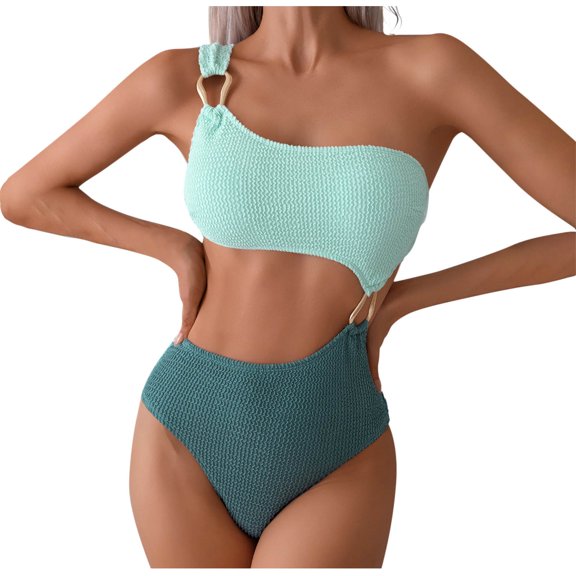 Efsteb Womens Swimsuits Two Piece Women's Ribbed Bikini Sets One Shoulder Top Two Piece Swimsuits Textured Adjustable Strap Cheeky Bathing Suit (Blue,XL)