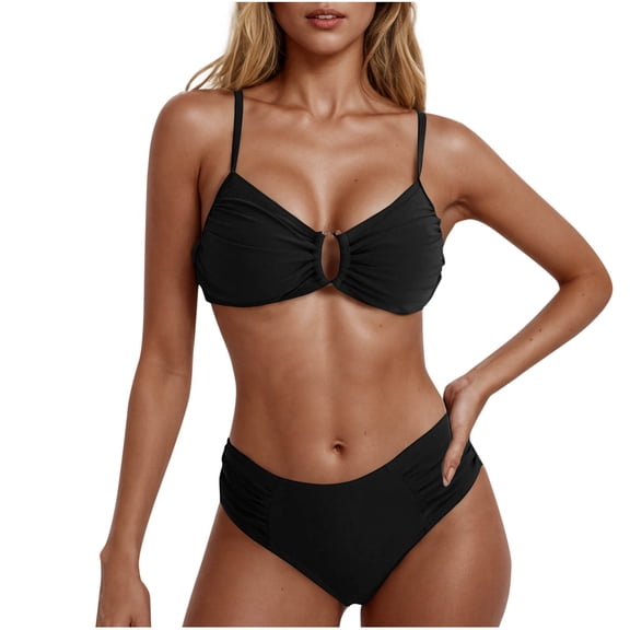 Efsteb Womens Swimsuits Two Piece Women's Two Piece Bikini Set Ring Linked Ruched Underwire Bikini Bathing Suit Swimwear Set Swimming Suit (Black,L)