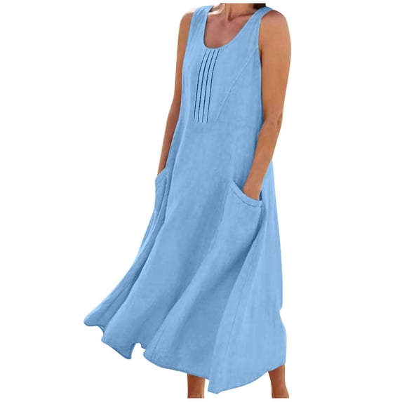 Efsteb Womens Tank Dress Cotton Linen Tank Dress with Pocket Resort Dress Loose Fit Sleeveless Solid Color Spring Crew Neck Casual ,Size:S