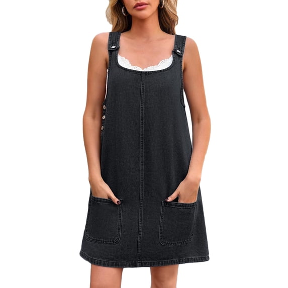 Efsteb Womens Tank Dress Denim Tank Dress with Pocket Solid Color Resort Dress Sleeveless Spring Crew Neck Casual Loose Fit ,Size:L
