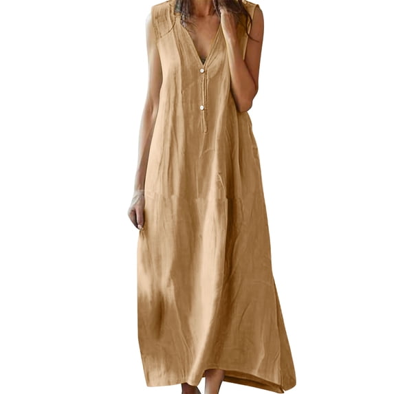 Efsteb Womens Tank Dress Sleeveless Loose Fit Long Button Tank Dress Casual Resort Dress Spring V-Neck Solid Color ,Size:XXXL