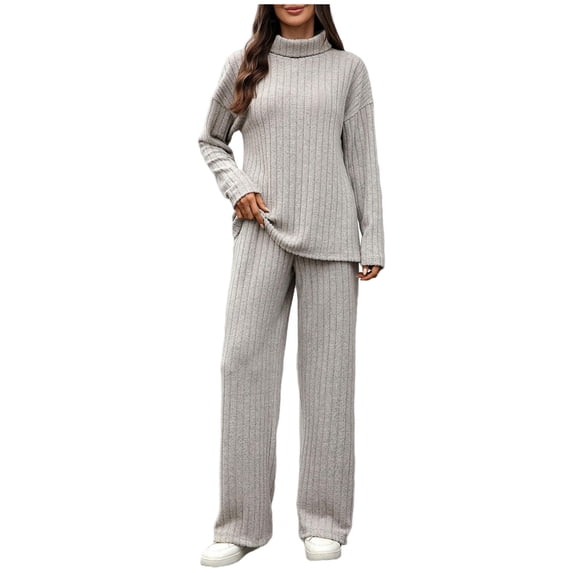 Efsteb Womens Two Piece Outfits Round Neck Knitted Sweater Sets Loungewear Matching Lounge Set Sweatsuit Fall Winter Travel Vacation Set (Gray,M)