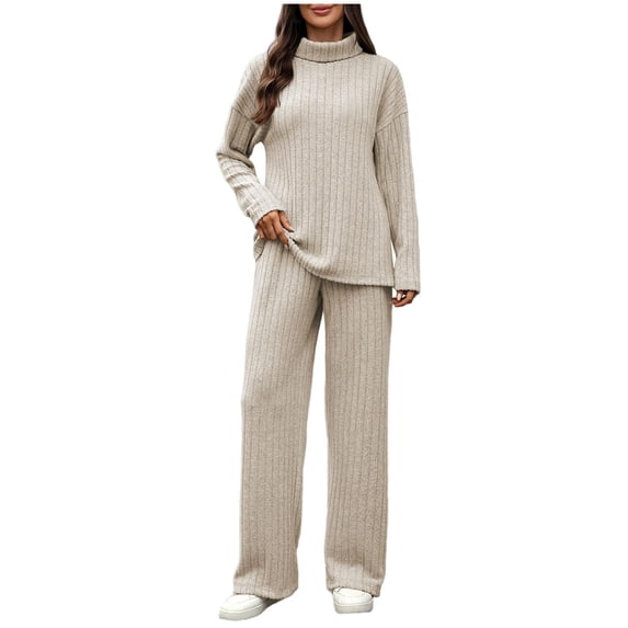 Efsteb Womens Two Piece Outfits Round Neck Knitted Sweater Sets Loungewear Matching Lounge Set Sweatsuit Fall Winter Travel Vacation Set (Khaki,S)