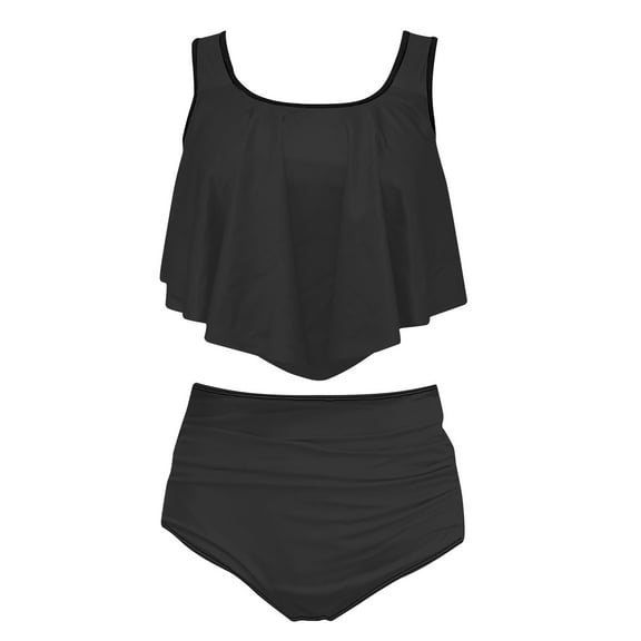 Efsteb Womens Two Piece Swimsuits Tankini Conservative Two Piece Bathing Suits Tankini Top with Bottom High Waist Bikini Solid Color Summer Beach Swimsuit (Black,L)