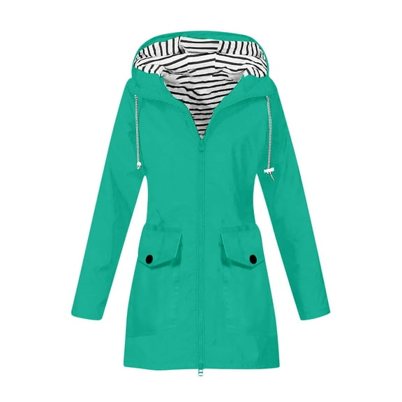 Efsteb Womens Waterproof Hooded Raincoat with Striped Lining Zipper Pockets Lightweight Jacket for Fall and Winter Green XL