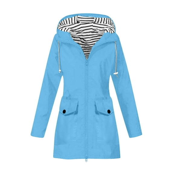 Efsteb Womens Waterproof Hooded Raincoat with Striped Lining Zipper Pockets Lightweight Jacket for Fall and Winter Light Blue S