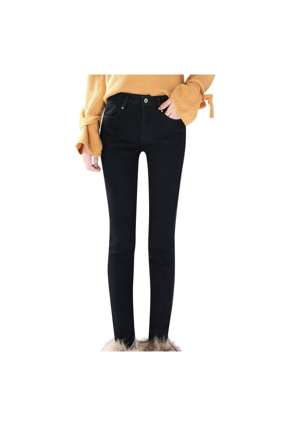 Womens Winter Warm Fleece Lined Jeans Plus Size Button High Waisted Slim Warm Jeans Soft Comfy Skinny Denim Pants Trousers (Black,S)