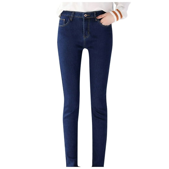 Efsteb Womens Winter Warm Fleece Lined Jeans Plus Size Button High Waisted Slim Warm Jeans Soft Comfy Skinny Denim Pants Trousers (Blue,XL)