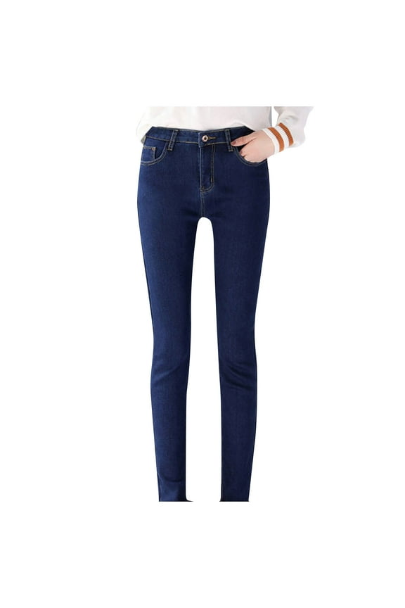 Womens Winter Warm Fleece Lined Jeans Plus Size Button High Waisted Slim Warm Jeans Soft Comfy Skinny Denim Pants Trousers (Blue,XL)