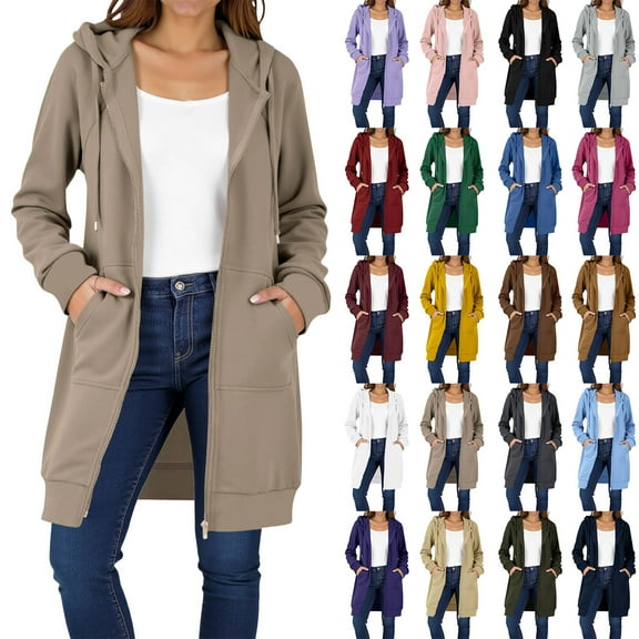 Efsteb Zip Up Jackets for Women Long Hoodies for Women Casual Long Sleeve Thin Fleece Sweatshirts Hooded Long Coats with Pocket (Army Green,S)
