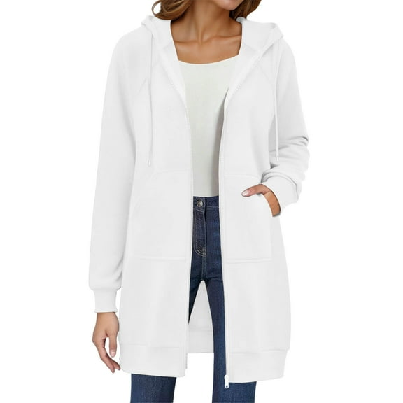 Efsteb Zip Up Jackets for Women Long Hoodies for Women Casual Long Sleeve Thin Fleece Sweatshirts Hooded Long Coats with Pocket (White,S)