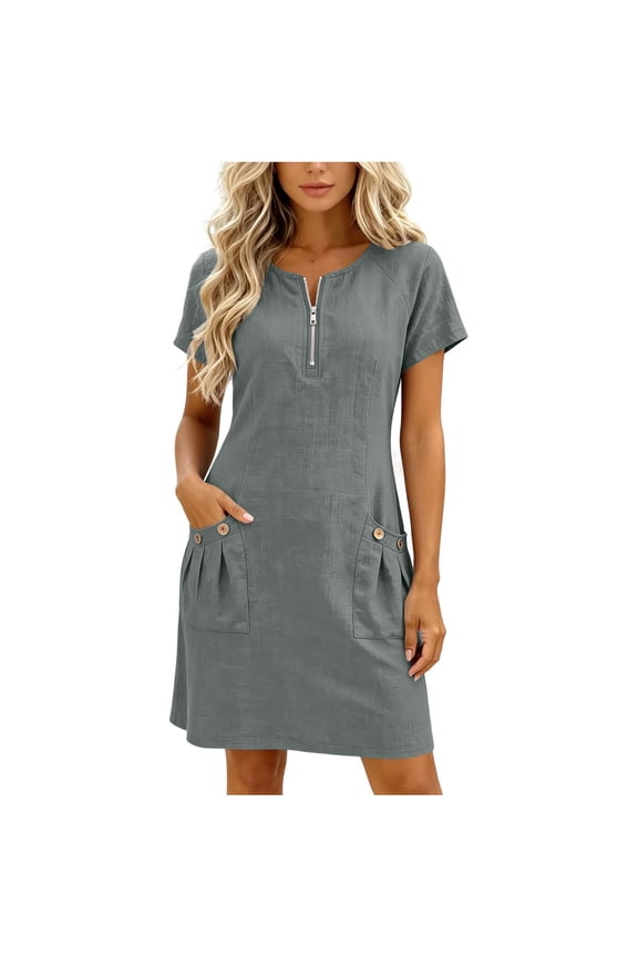 for mal Dresses for Women Half-Zip V-Neck Short Sleeve Casual Mini Dress with Pleated Pockets Loose Fit Everyday Dress (Gray,L)