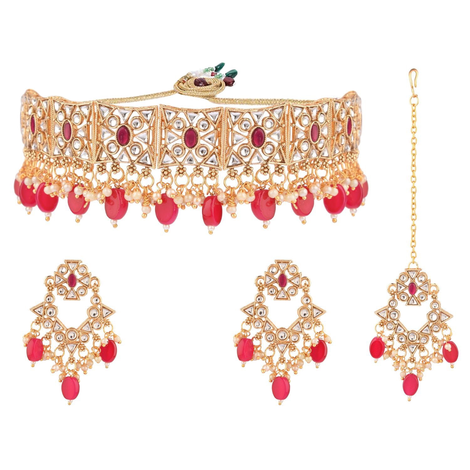 Efulgenz Antique Gold Tone Pink Choker Necklace Head Chain and Earrings ...