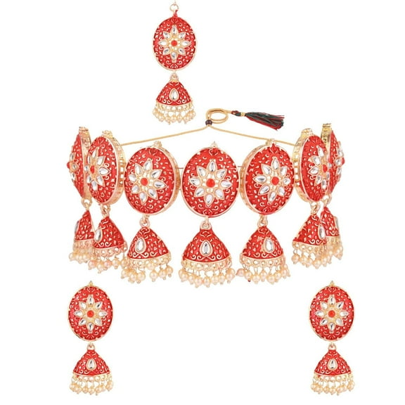 Efulgenz Antique Indian Jewelry Set Red Choker Kundan Crystal Faux Pearl Jhumki Tassel Necklace Jhumka Earrings with Maang Tikka Head Chain Jewelry Set for Women