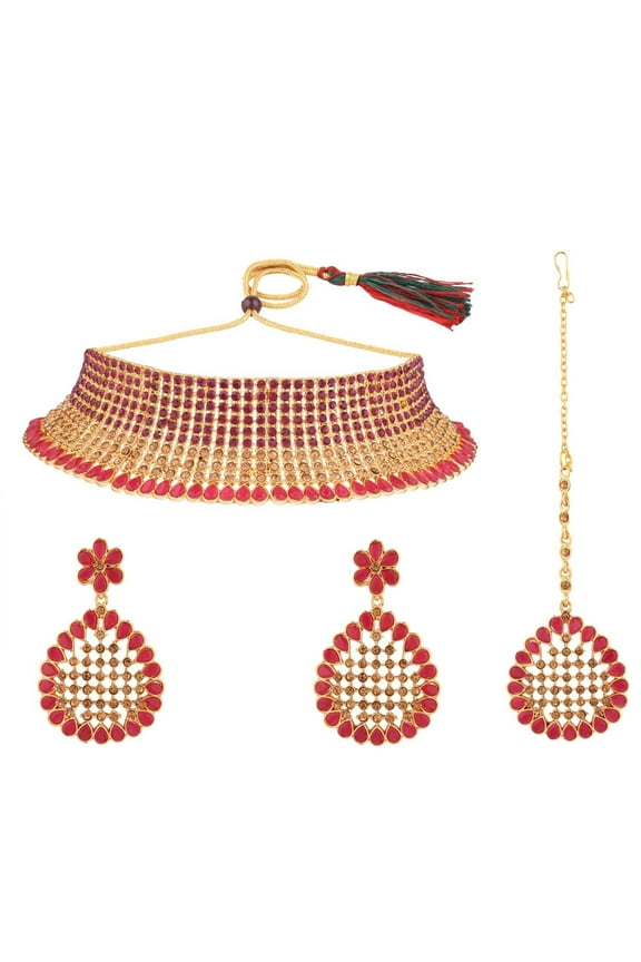 Austrian Neckalce Set Crystal Pink Rhinestone Bridal Choker Necklace Earrings with Maang Tikka Head Chain Wedding Indian Bollywood Jewelry Set for Women