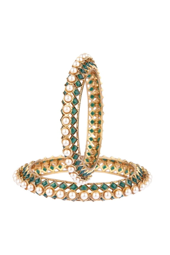 Beaded Bangles Faux Pearl Antique Boho Kundan Bangle Crystal Bracelet Bridal Wedding Party Statement Jewelry for Women (2 Pcs) Size 2.8