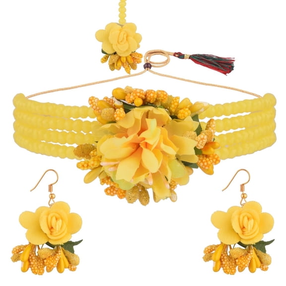 Efulgenz Beaded Faux Pearl Yellow Flower Jewelry Set Choker Neckalce with Maang Tikka Earrings Floral Handmade Indian Jewelry for Women for Haldi Mehandi Wedding Bridal